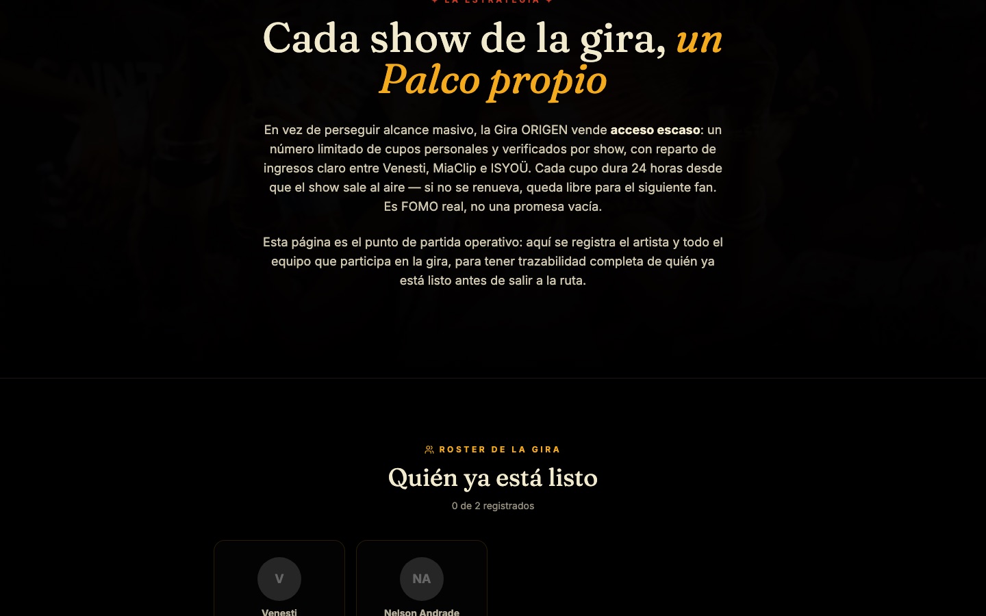 Sección de estrategia y roster de la gira